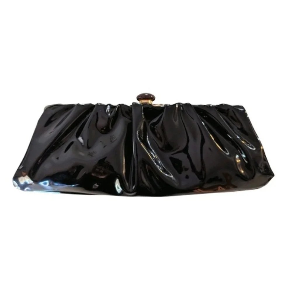 Vintage Style Black Patent Ruched Bow Clutch Gold Frame Amber Kiss Lock‎ Bag